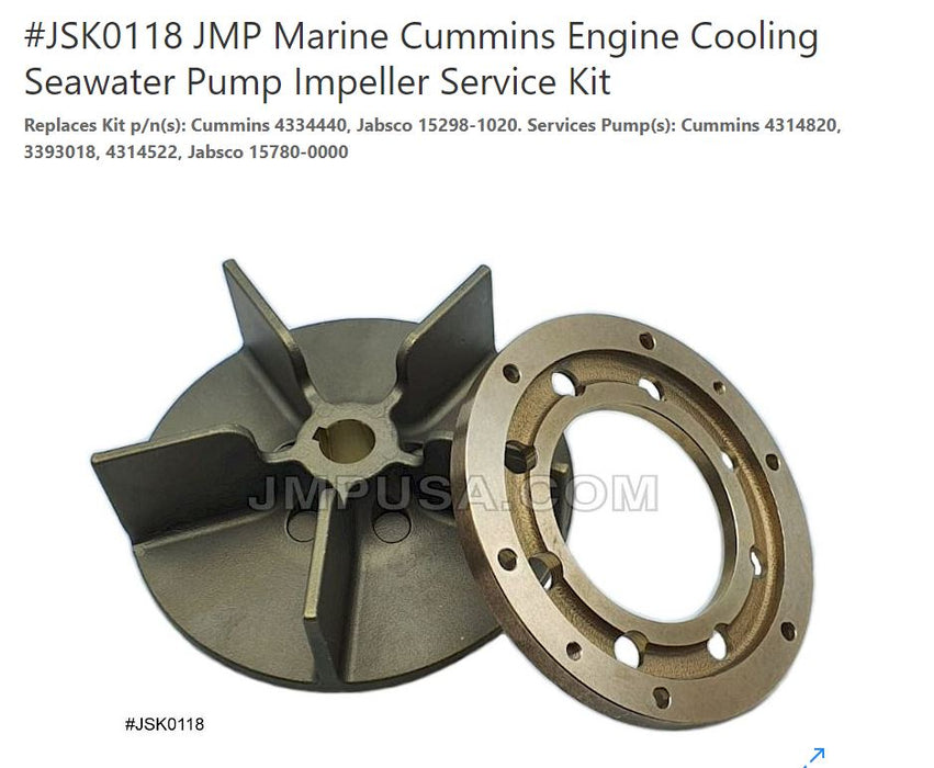 SW Pump Impeller Svc Kit for Cummins 4314820, 3393018, 4314522, Jabsco 15780-0000 ( JSK0118)