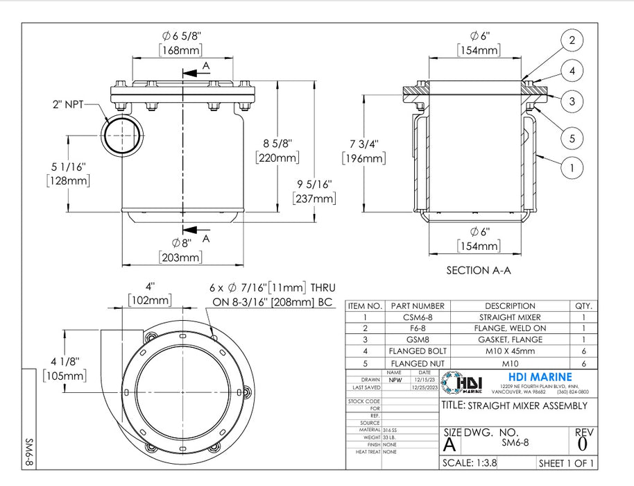 6"x 8" Cast 316 Stainless Steel Exhaust Mixing Elbow Kit