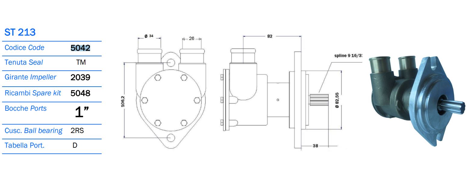 Kohler 50 EFOZ (John Deere Eng) Seawater Pump, RE 47016, 6068 TFM RE 4039D, 4045T Replacement AN 5042